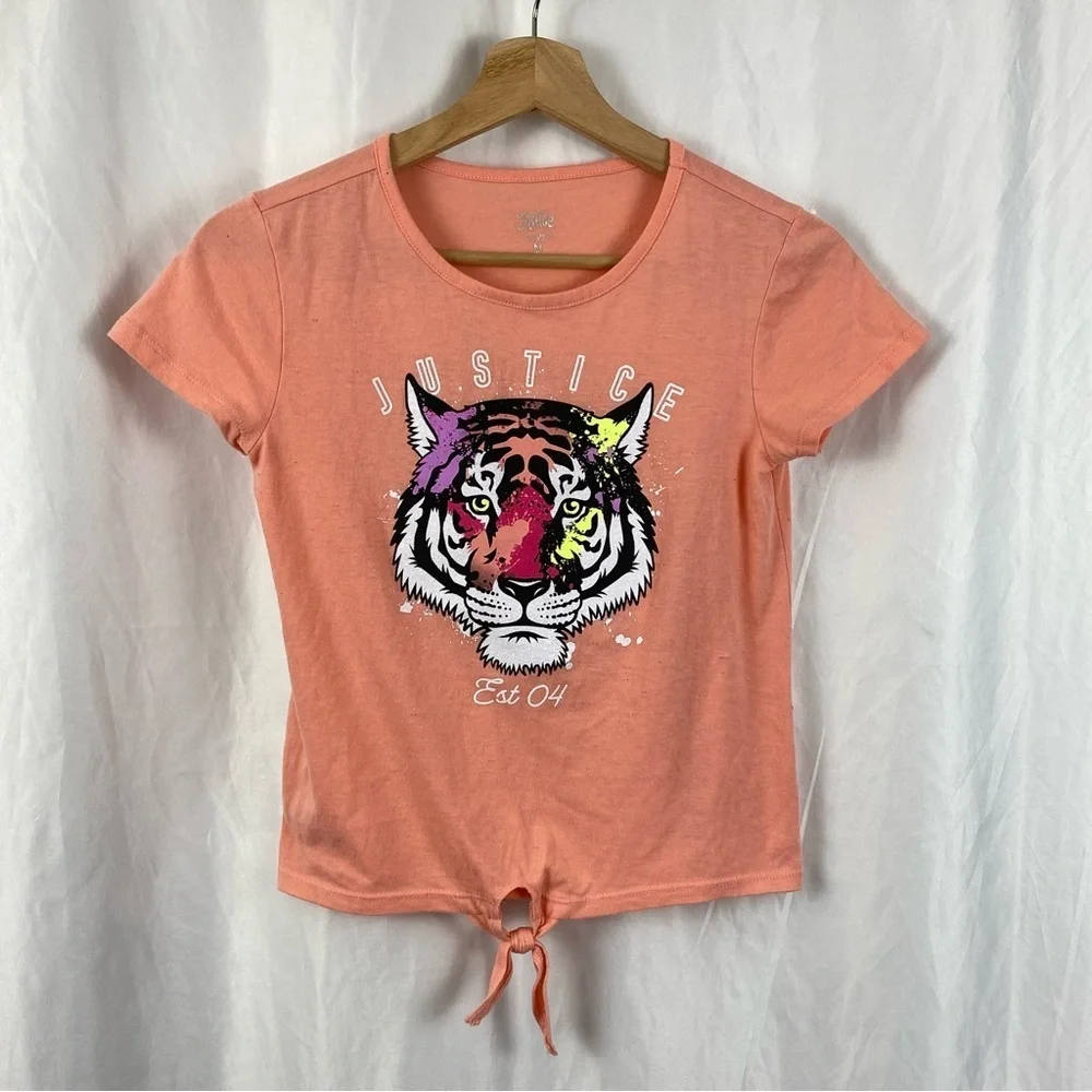 Justice Girl Kids Orange Short Sleeve Tiger Graphic Tee Front Tie Size Medium